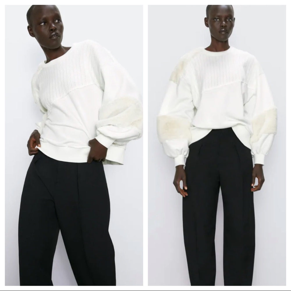 Zara White Sweatshirt With Faux Fur Contrasting M
